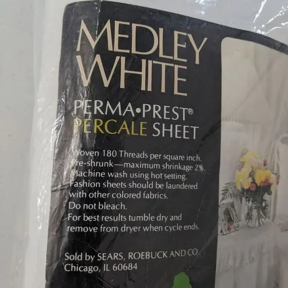 Medley White Vintage Full Flat Sheet Sears Perma Prest Percale Cotton Blend New - Picture 5 of 7
